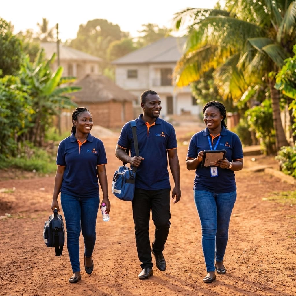 DigiCare healthcare workers walking through a Ghanaian community