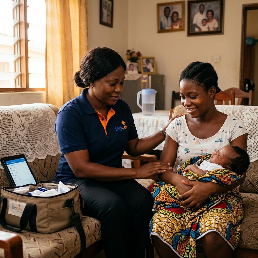 DigiCare nurse conducting a home healthcare visit with a mother and child in Ghana