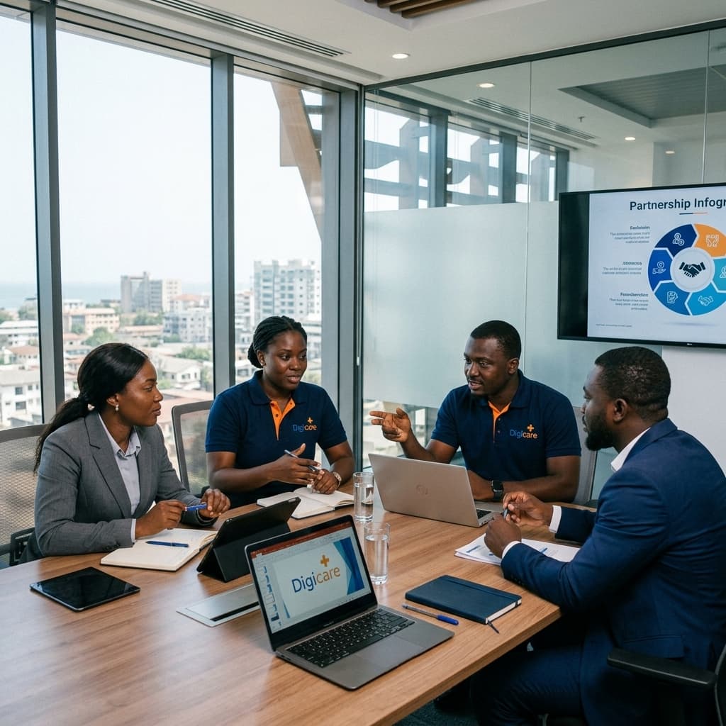 DigiCare team collaborating with healthcare partners in a modern Accra office